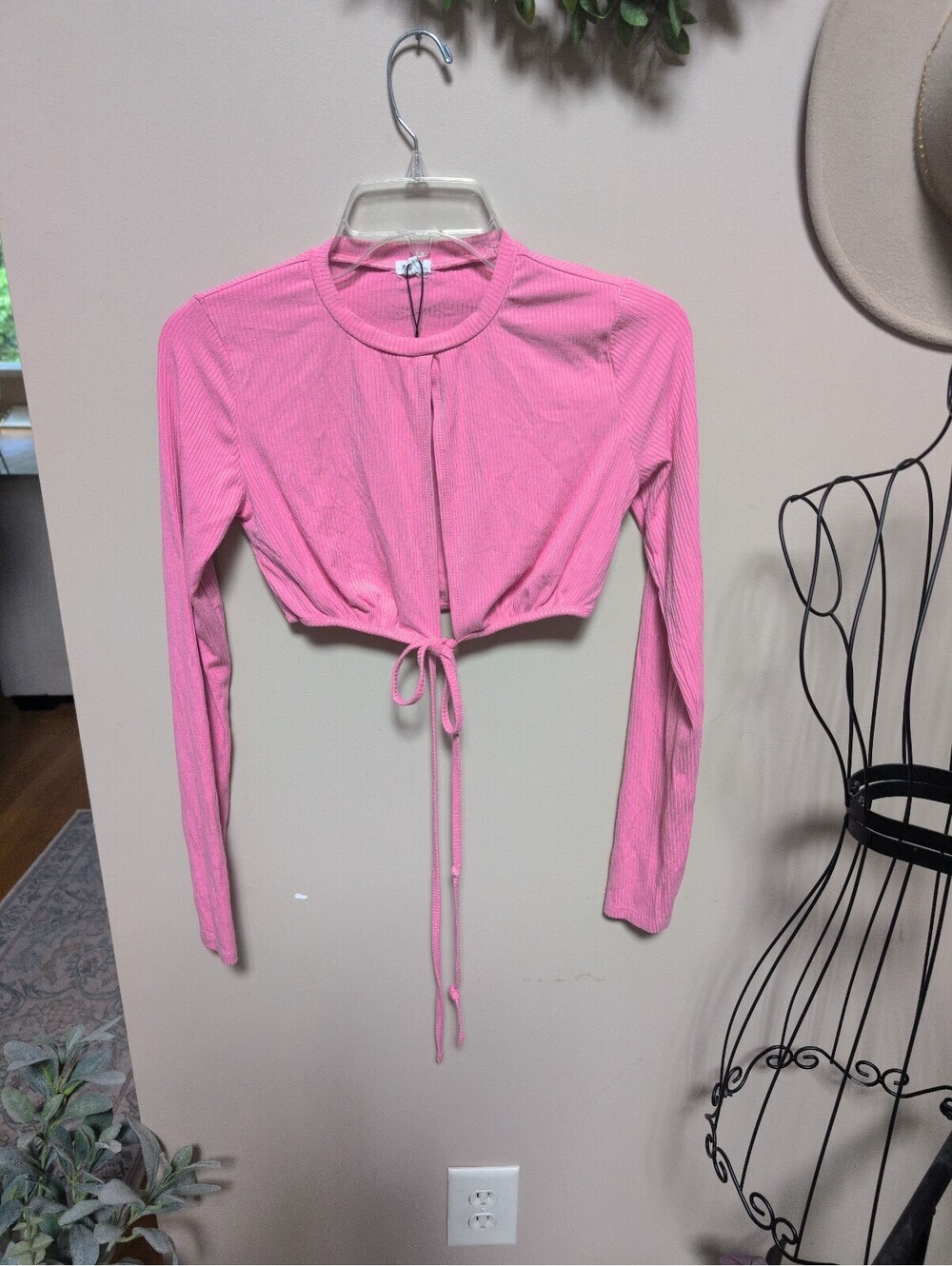 Garage Pink Ribbed Long Sleeve Cropped Top with Tie Detail, Size P/S